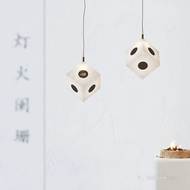 Modern Cube Shaped White Pendant Lights With Black Dots Hanging In Interior 3d model