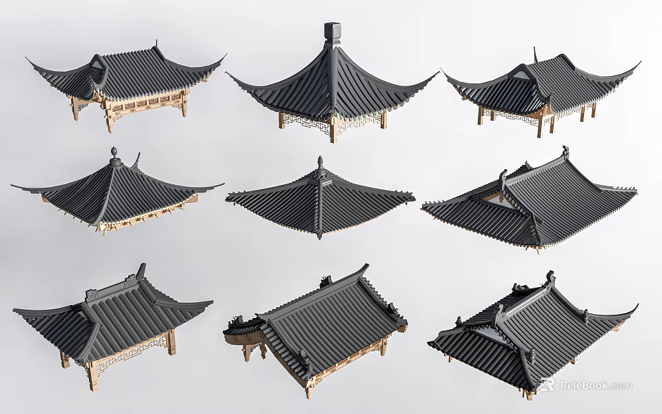 Traditional Chinese Roof Components With Curved Eaves Wooden Frames And Tile Designs 3d model 