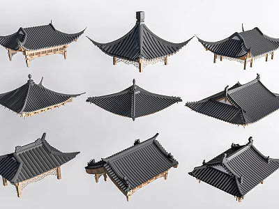 Traditional Chinese Roof Components With Curved Eaves Wooden Frames And Tile Designs 3d model
