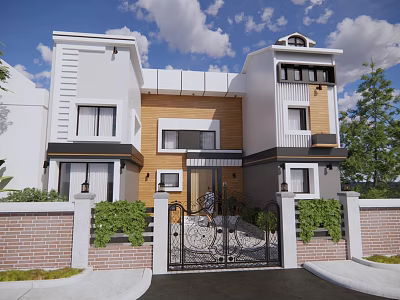 Modern Detached Villa Exterior Design With White And Wooden Facade Iron Gate And Greenery 3d model