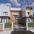 Modern Detached Villa Exterior Design With White And Wooden Facade Iron Gate And Greenery