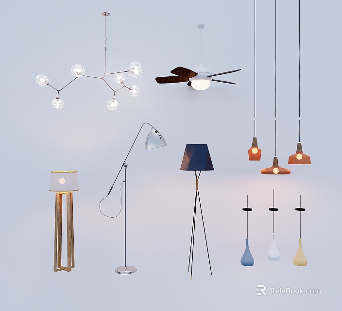 Stylish Modern Interior Lighting With Pendant Lights Floor Lamps Table Lamps And Ceiling Fans 3d model 