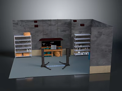 Indoor Storage Scene Featuring Gray Walls Multi Tier Shelves and Central Workbench 3d model