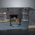Indoor Storage Scene Featuring Gray Walls Multi Tier Shelves and Central Workbench 3d model