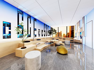 Bright Spacious Office Reception Lounge With Comfortable Seats Decorative Green Plants And Polished Marble Floors 3d model