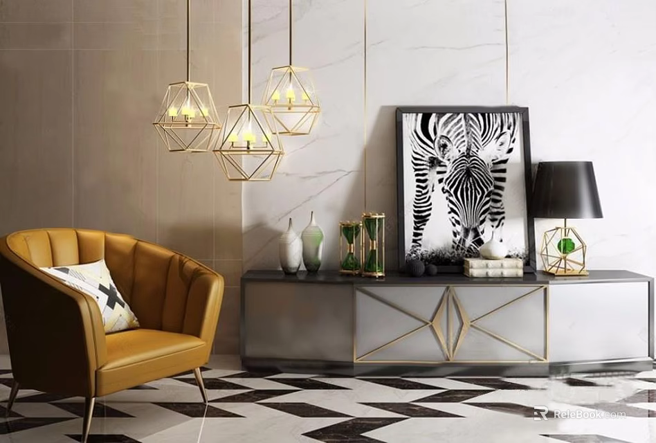 Modern Luxury TV Stand With Zebra Painting Golden Pendant Lights And Yellow Armchair 3d model 