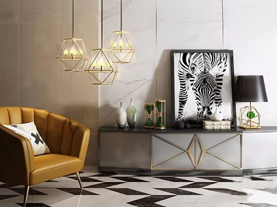 Modern Luxury TV Stand With Zebra Painting Golden Pendant Lights And Yellow Armchair 3d model