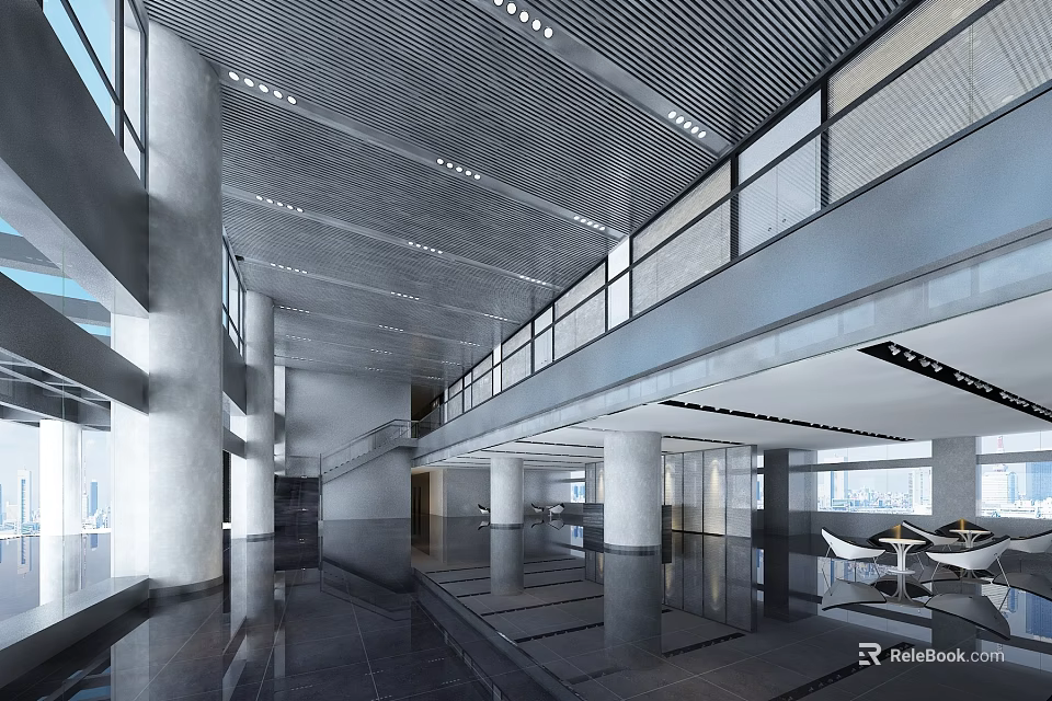 Modern Reception Desk in Spacious Lobby with Glass Railings Tall Columns and Polished Floors 3d model 