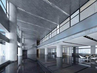 Modern Reception Desk in Spacious Lobby with Glass Railings Tall Columns and Polished Floors 3d model