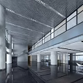 Modern Reception Desk in Spacious Lobby with Glass Railings Tall Columns and Polished Floors