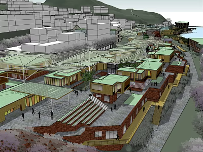 Modern Commercial Street Design With Multiple Buildings Pedestrian Areas Greenery And Steps 3d model