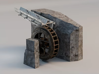 Ancient Stone Mechanical Device with Wooden Wheel Stone Structure and Metal Components 3d model