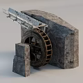 Ancient Stone Mechanical Device with Wooden Wheel Stone Structure and Metal Components