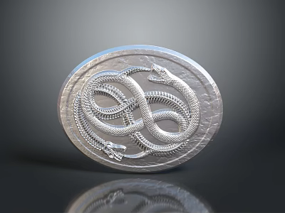 Circular Silver Metal Decorative Piece With Intricate Coiled Snake Engraving 3d model