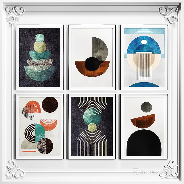 Set of Six Modern Abstract Wall Art Pieces With Geometric Patterns And Colorful Designs 3d model 