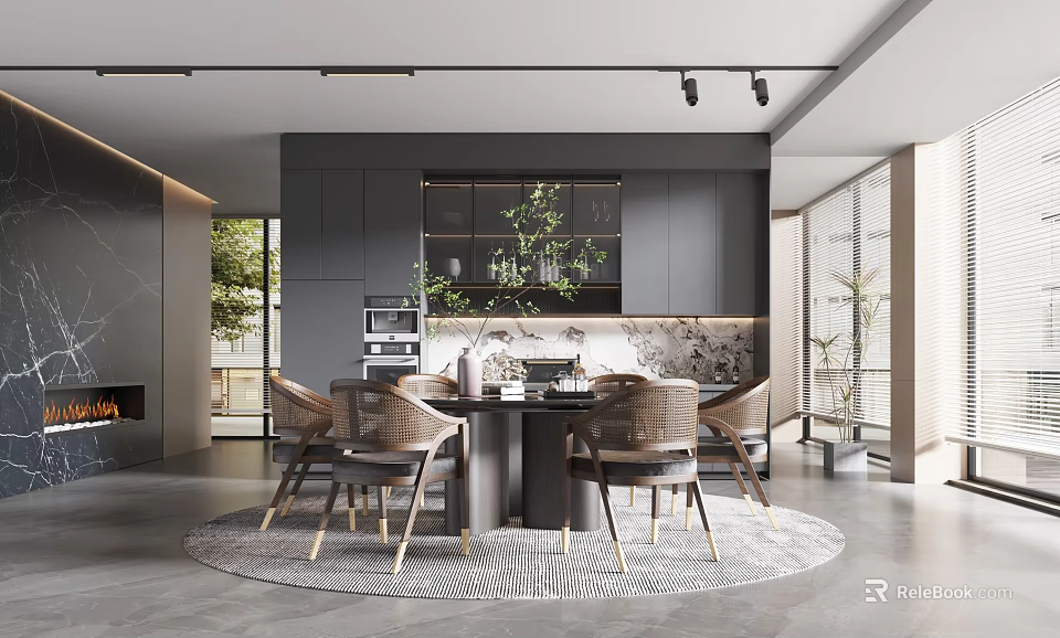 Modern Restaurant Interior Design With Round Dining Table Chairs Gray Cabinets And Rug 3d model 