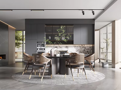 Modern Restaurant Interior Design With Round Dining Table Chairs Gray Cabinets And Rug 3d model