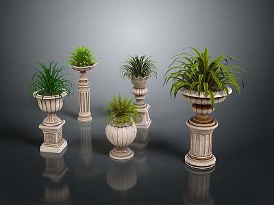 Ornamental Green Plants In Decorative Stone Pots With Carved Bases For Indoor 3d model
