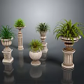 Ornamental Green Plants In Decorative Stone Pots With Carved Bases For Indoor