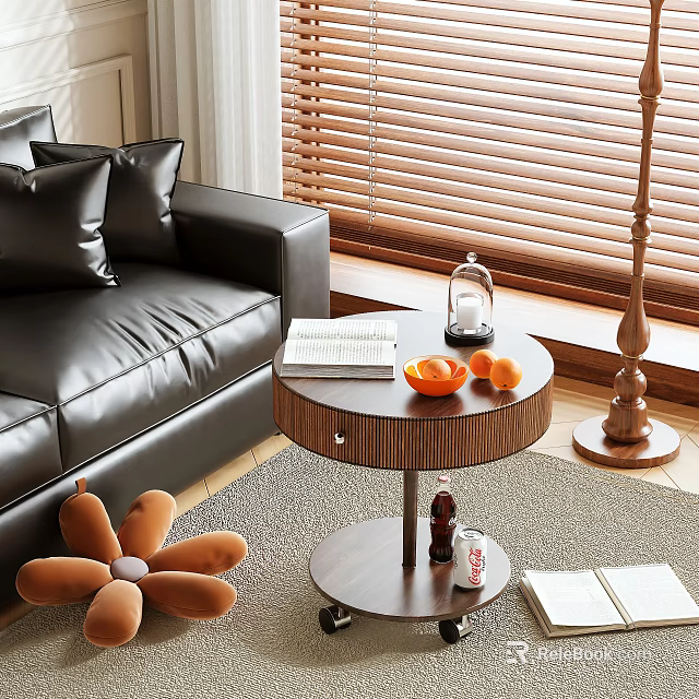 Round Wooden Side Table With Notebook Candle Holder And Oranges By Black Leather Sofa 3d model 