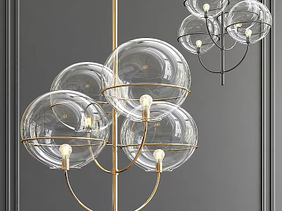 Modern Transparent Glass Sphere Chandelier With Golden Metal Frame And Dark Wall Background 3d model