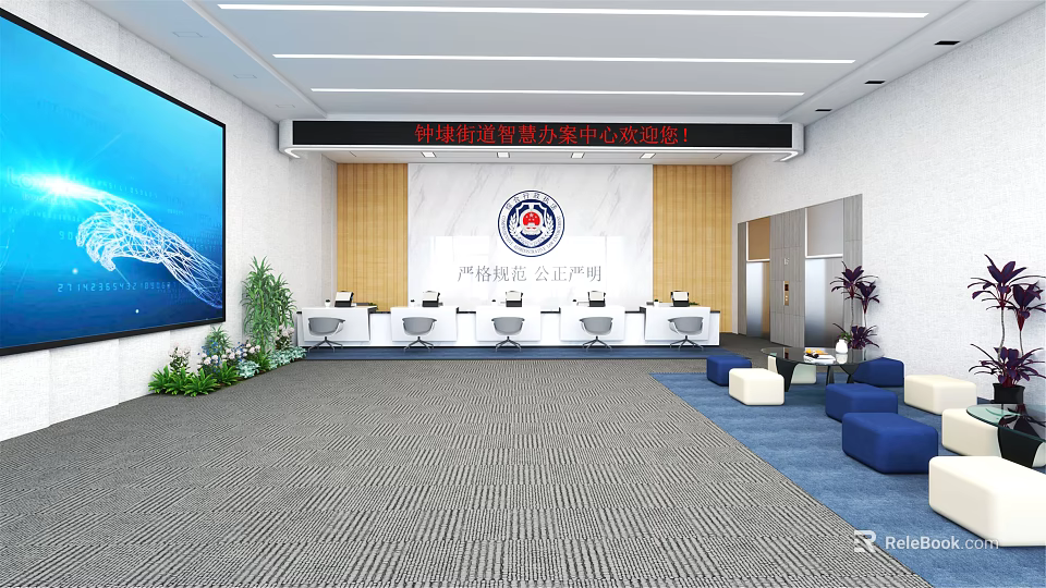 Modern Government Service Hall Interior With Large Screen Service Counters Green Plants And Blue Sofas 3d model 
