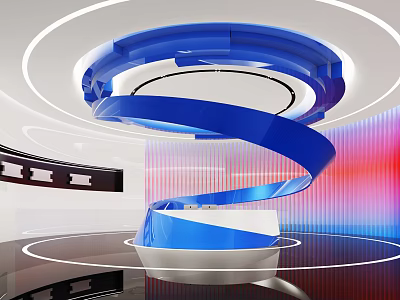 Modern Reception Desk with Blue Spiral Design Circular Lighting and Pink Blue Backdrop Interior 3d model