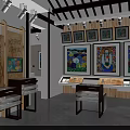 Traditional Art Exhibition Hall With Colorful Paintings On Walls Wooden Tables And Display Cabinets