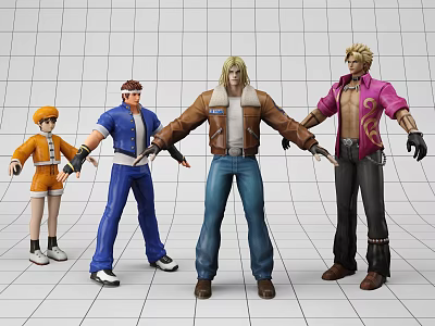 Four Video Game Characters With Diverse Outfits Standing On Grid Background 3d model