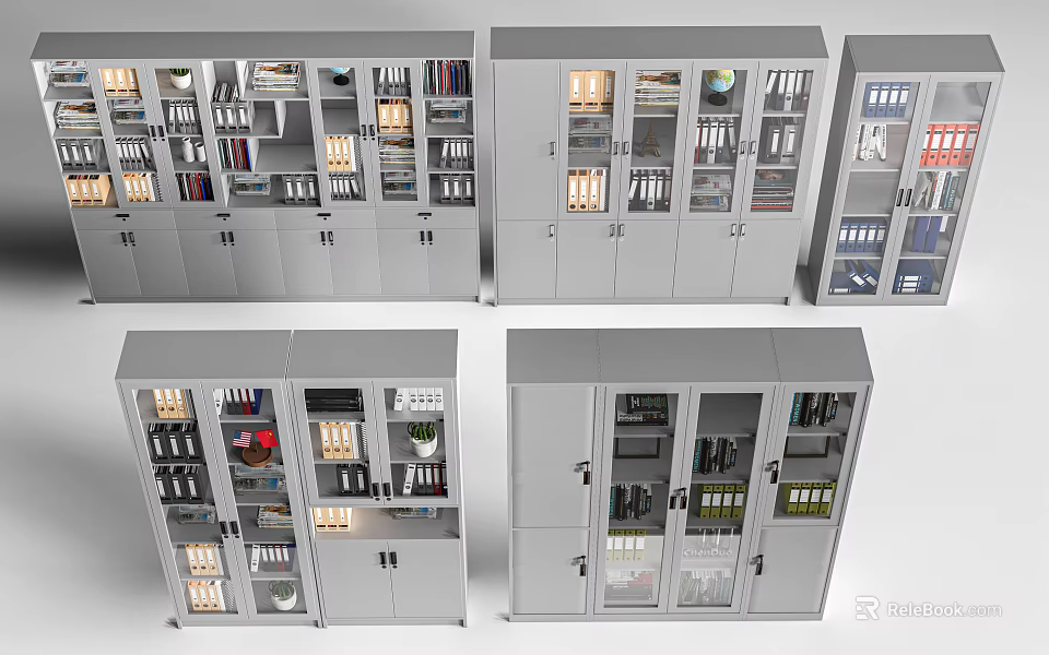 Modern Metal Storage Cabinets With Glass Doors And Multiple Compartments For Office Home 3d model 