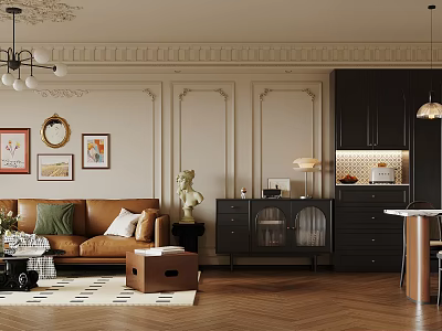 Modern Living Dining Room With Leather Sofa Green Cushions Black Cabinets Herringbone Floor Decorative Paintings 3d model