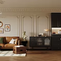Modern Living Dining Room With Leather Sofa Green Cushions Black Cabinets Herringbone Floor Decorative Paintings
