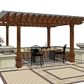 Wooden Pergola Outdoor Garden Relaxation Area With Stone Planters Table Chairs And Green Plants