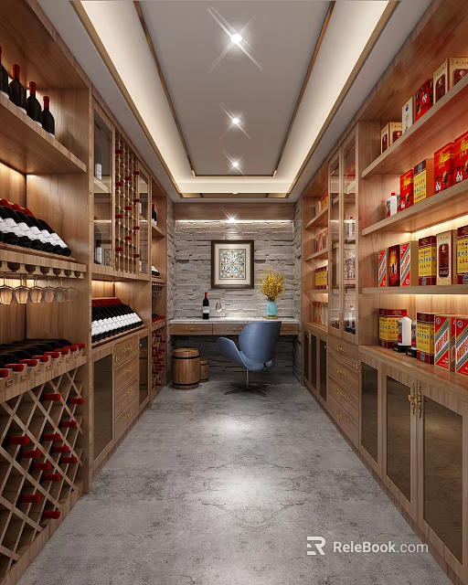 Modern Wine Cellar Featuring Wooden Racks Red Wine Blue Chair Stone Wall And Decorative Painting 3d model 