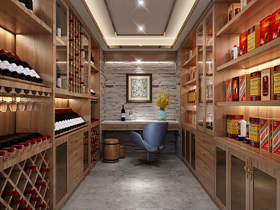 Modern Wine Cellar Featuring Wooden Racks Red Wine Blue Chair Stone Wall And Decorative Painting 3d model