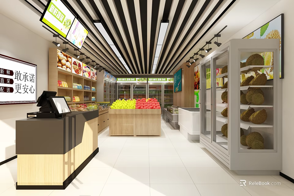 Bright Fruit Store Interior With Fresh Fruits On Shelves Cashier Counter And Refrigerated Displays 3d model 