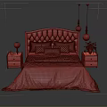 Elegant Purple Upholstered Double Bed with White Bedspread Nightstands Table Lamps and Pendant Lights