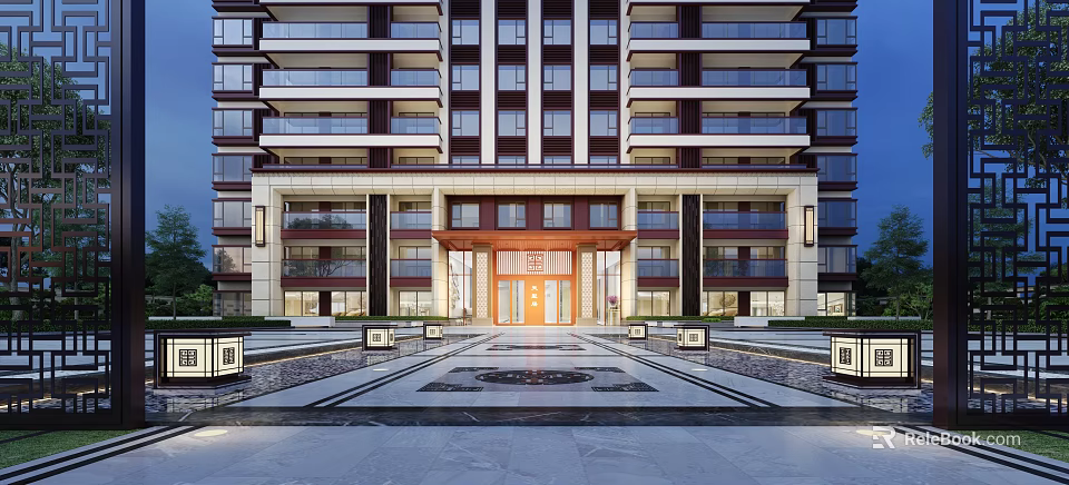 Modern Luxury High Rise Apartment Building Entrance Gate With Marble Decor And Stone Paved Courtyard 3d model 