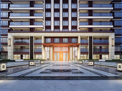 Modern Luxury High Rise Apartment Building Entrance Gate With Marble Decor And Stone Paved Courtyard 3d model