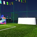 Illuminated Football Field With Fenced Area Colorful Decorations And Event Tables Chairs