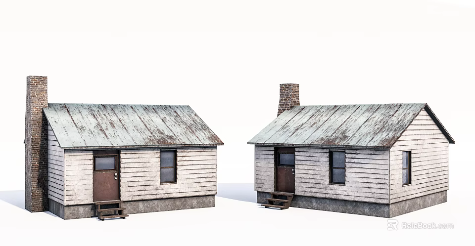 Two Small Wooden Cabins With White Walls Rusty Roofs Brown Doors Wooden Steps And Chimney 3d model 