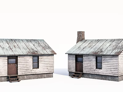 Two Small Wooden Cabins With White Walls Rusty Roofs Brown Doors Wooden Steps And Chimney 3d model