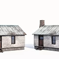 Two Small Wooden Cabins With White Walls Rusty Roofs Brown Doors Wooden Steps And Chimney