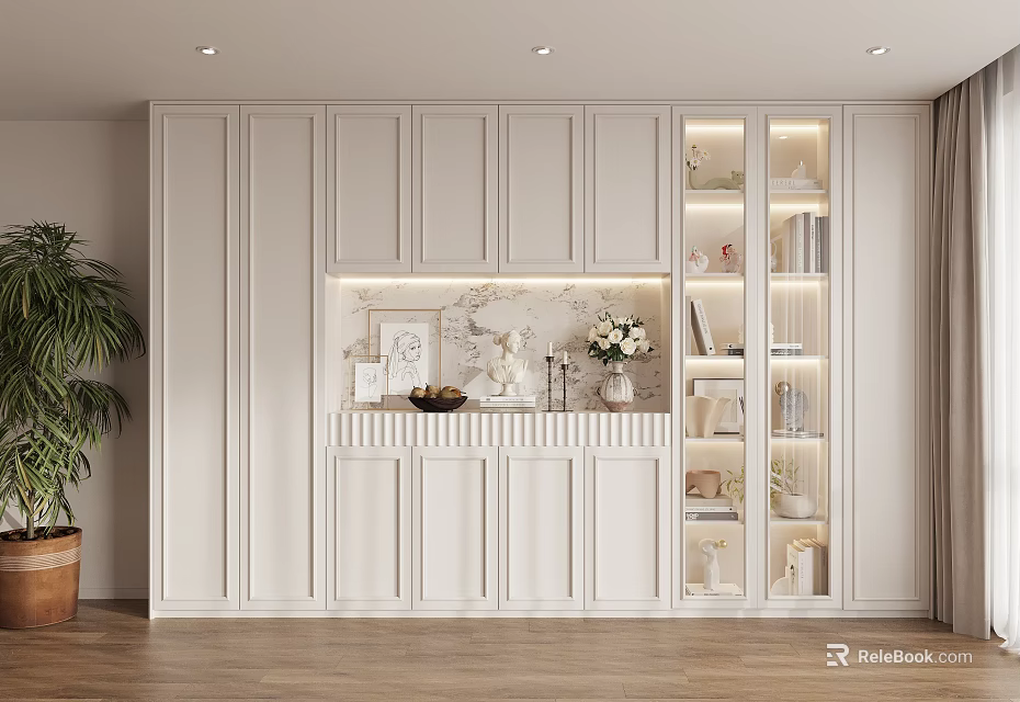 Modern White Bookcase With Closed Cabinets Open Shelves And Decorative Items 3d model