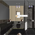 Modern Bathroom Interior With Marble Walls Large Mirror Wooden Vanity And Shower Area
