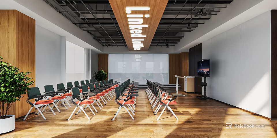 Modern Conference Room Interior With Rows of Chairs Projection Screen Wooden Floor And Lighting 3d model 