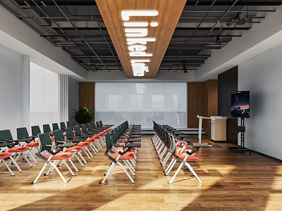 Modern Conference Room Interior With Rows of Chairs Projection Screen Wooden Floor And Lighting 3d model