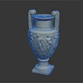 Ancient Style Ceramic Vessel With Carved Figures And Twin Handles On Square Base