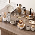 Complete Tableware Set With Plates Mugs Spoons Whisks And Cutlery On Wooden Table