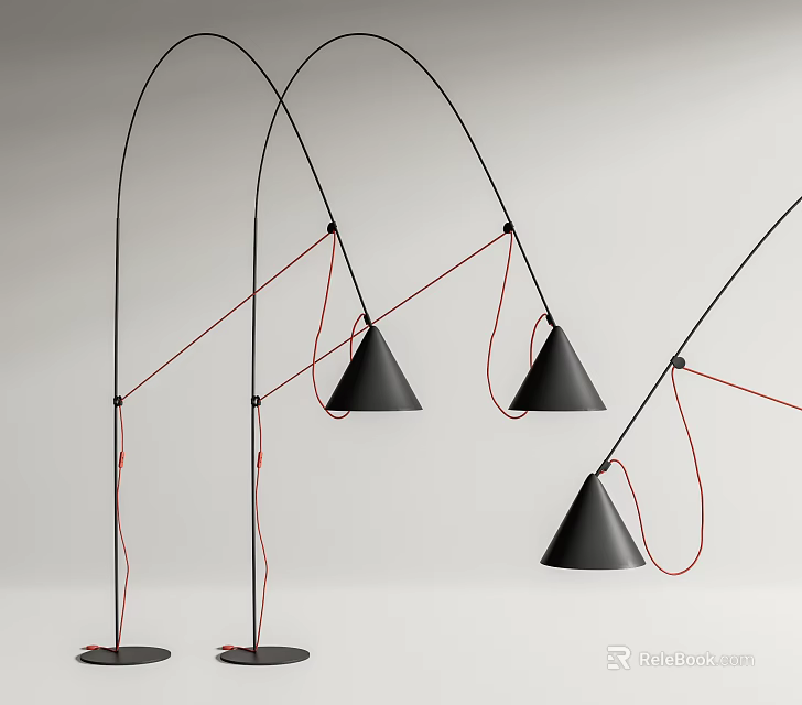 Modern Black Floor Lamps With Red Cords And Unique Arch Shaped Metal Design 3d model 